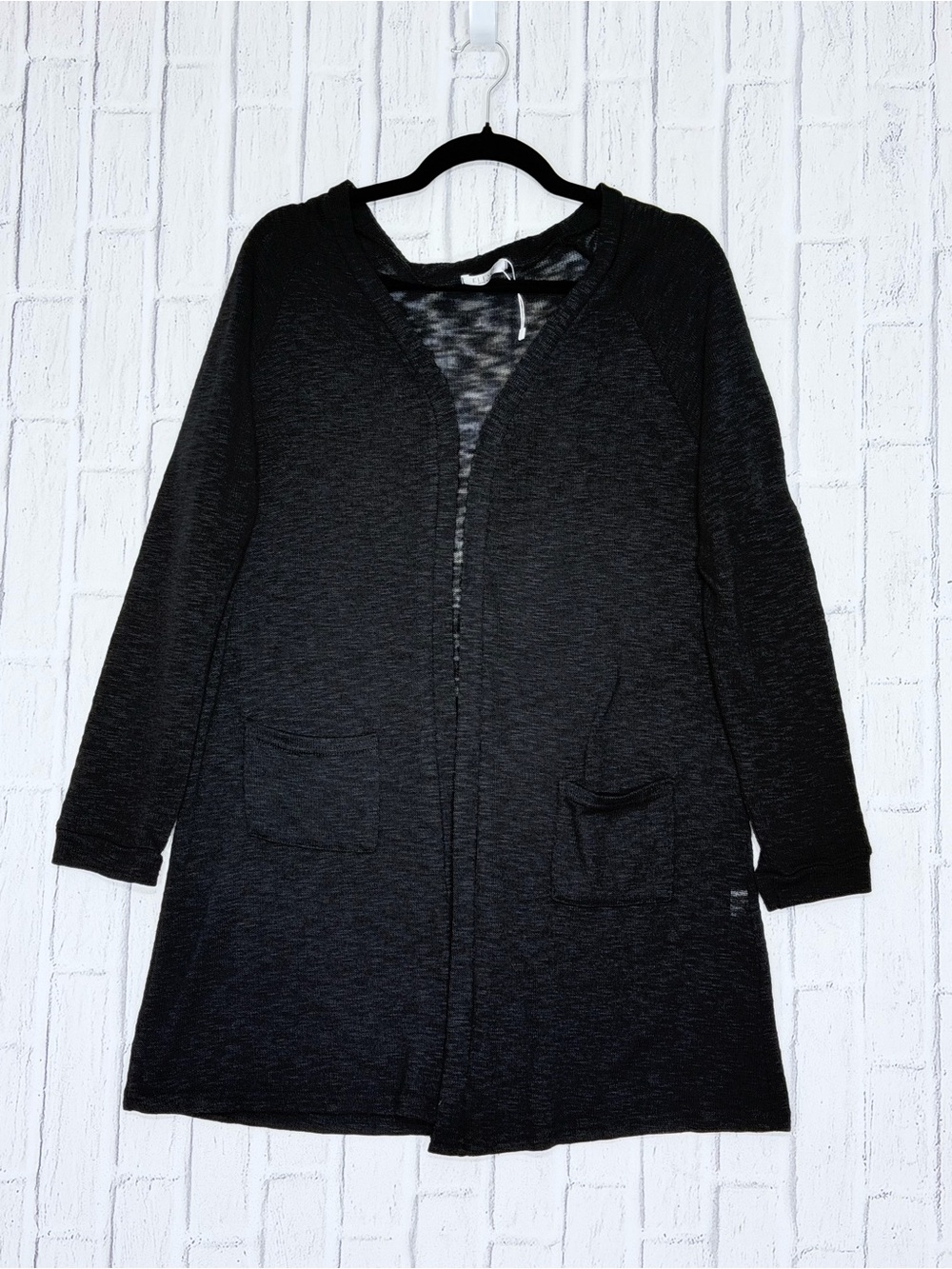 🖤 ELESOL Black Open Front Long Cardigan Pockets Size L